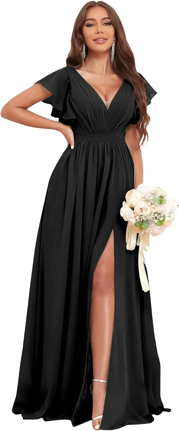 Flutter Sleeve Bridesmaid Dresses for Wedding Chiffon V Neck Pleated Long Formal Prom Dress with Slit Pockets
