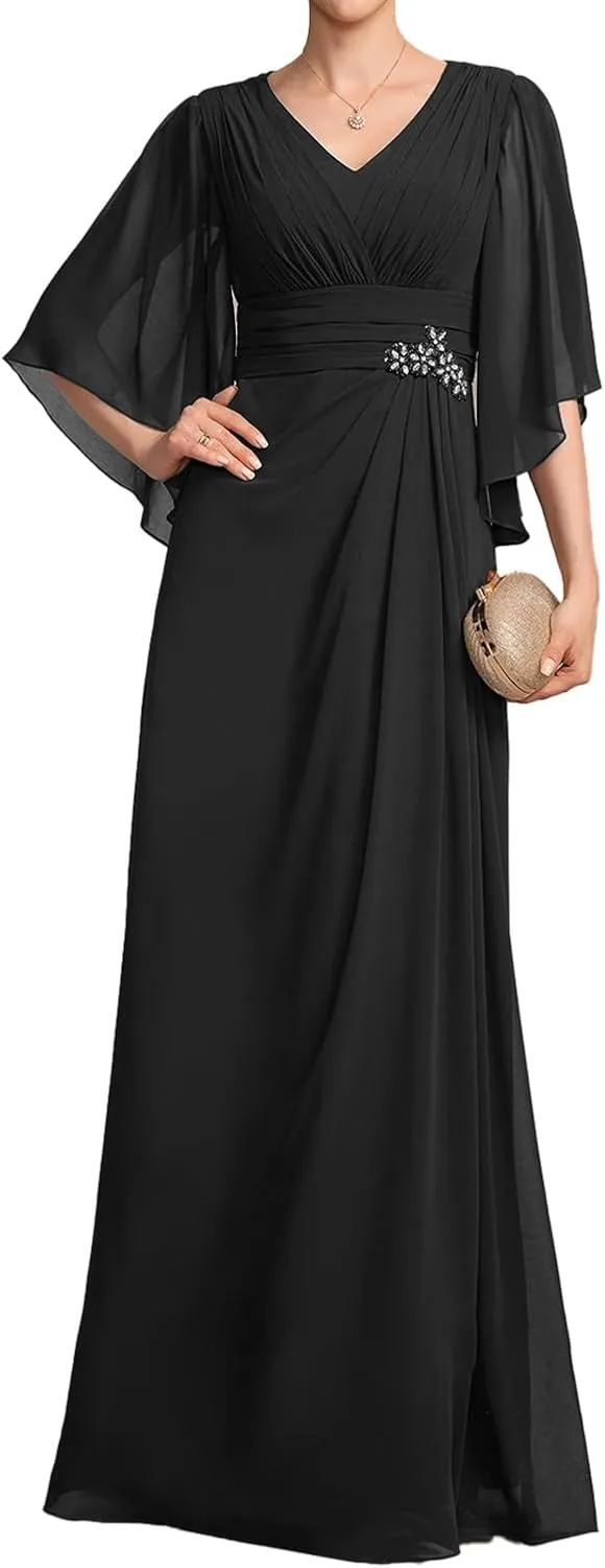 Flutter Sleeve Plus Size Mother Bride Dresses Black Long Ruffles A Line Formal Evening Gowns for Women V Neck YB81