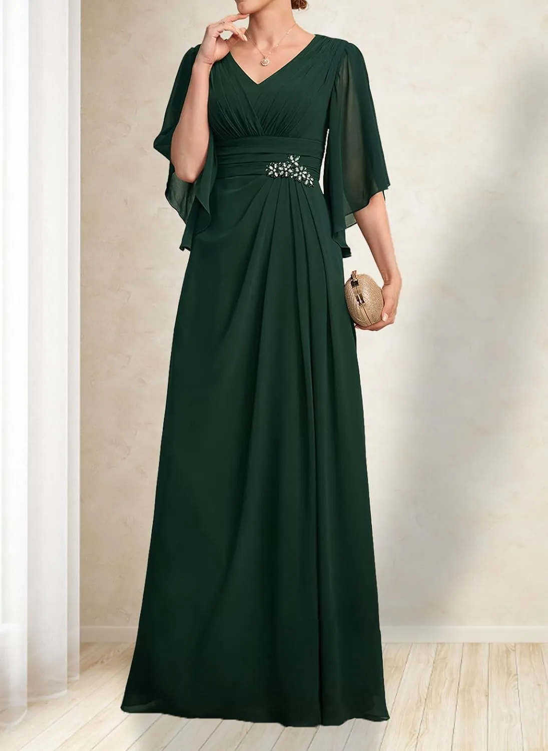 Flutter Sleeve Plus Size Mother Bride Dresses Black Long Ruffles A Line Formal Evening Gowns for Women V Neck YB81