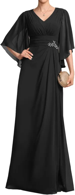 Flutter Sleeve Plus Size Mother Bride Dresses Black Long Ruffles A Line Formal Evening Gowns for Women V Neck YB81
