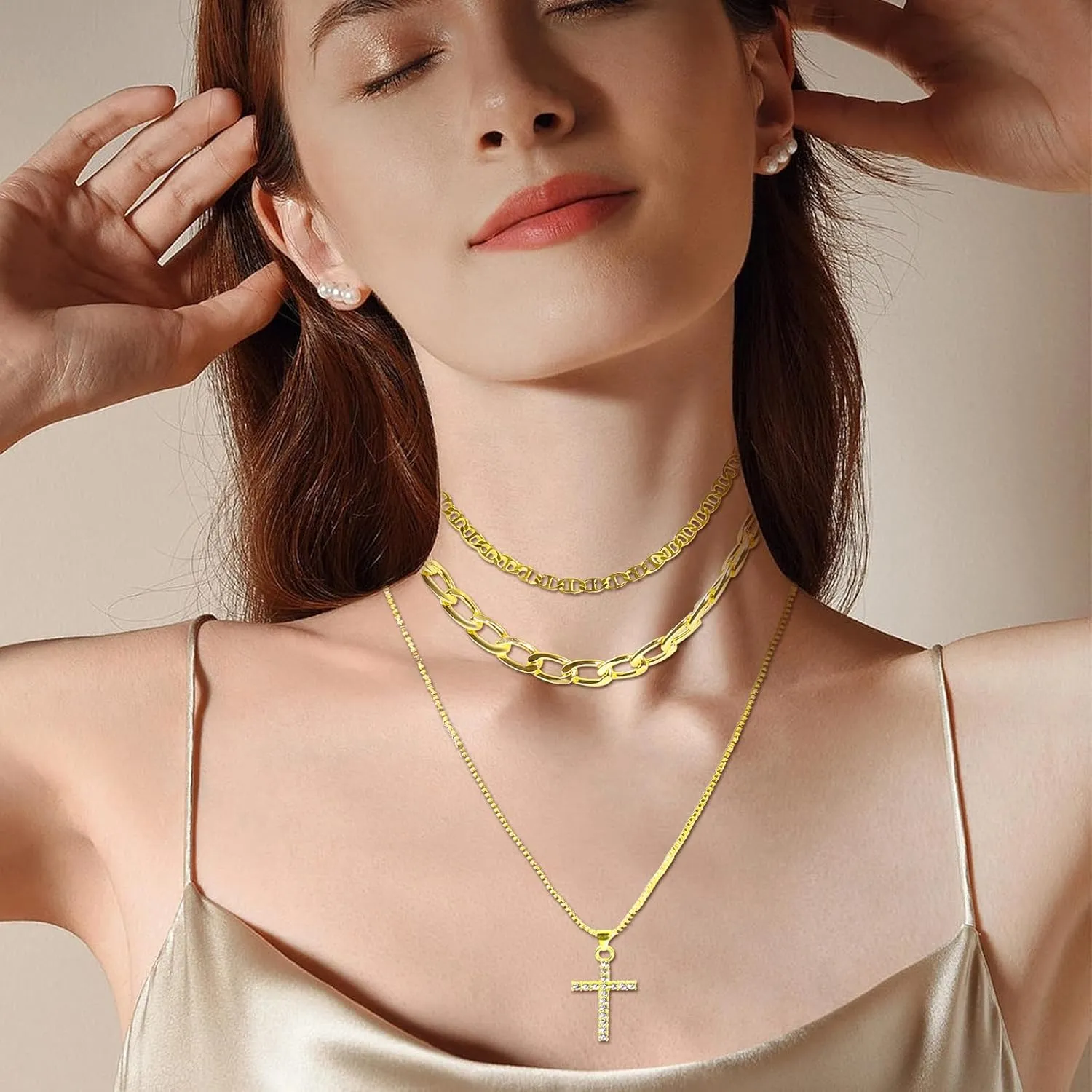FOTN Gold Layered Necklaces for Women, 14K Dainty Gold Chain Necklace Women Trendy Cuban Link Chain Toggle Clasp Necklace Fashion Chunky Jewelry for Women