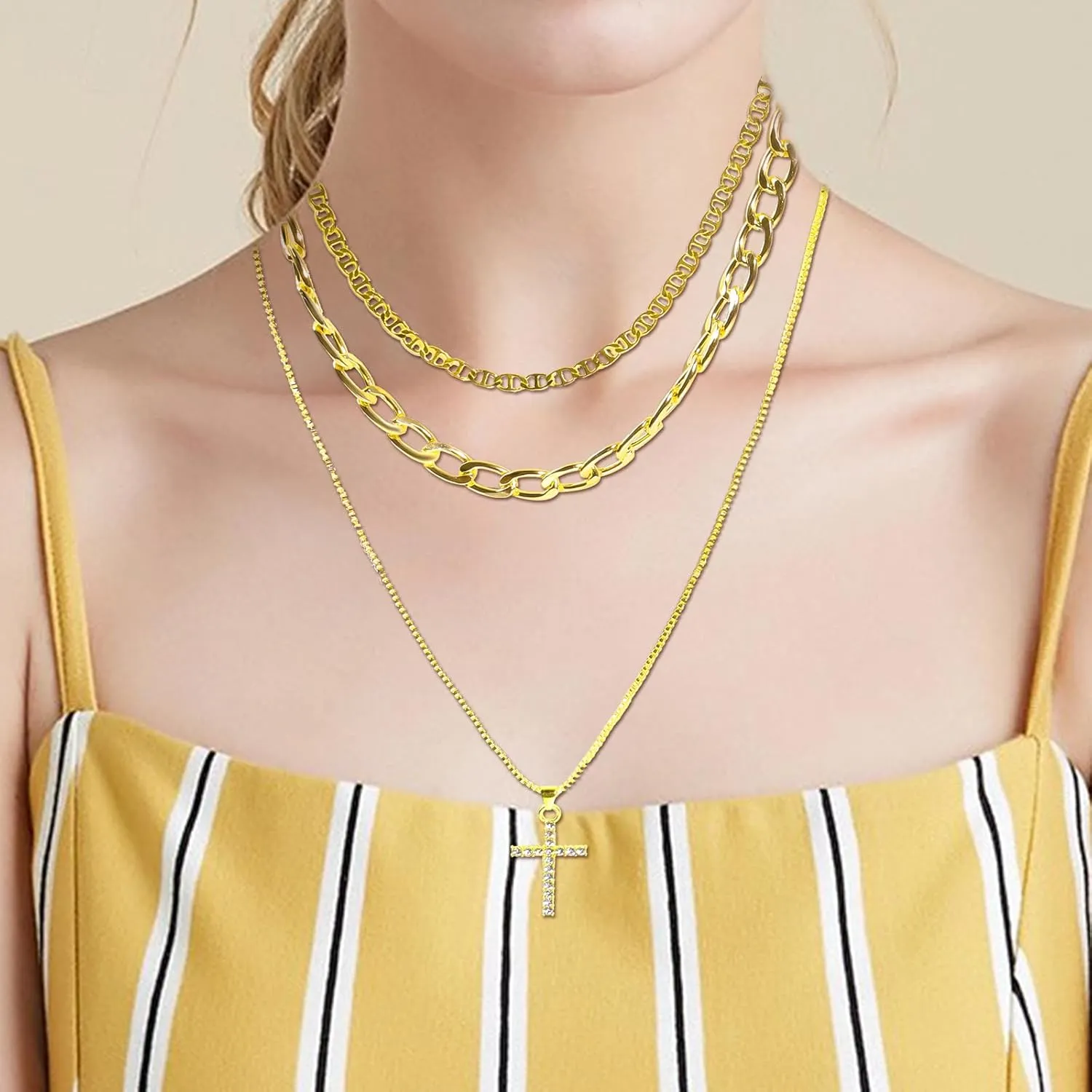 FOTN Gold Layered Necklaces for Women, 14K Dainty Gold Chain Necklace Women Trendy Cuban Link Chain Toggle Clasp Necklace Fashion Chunky Jewelry for Women