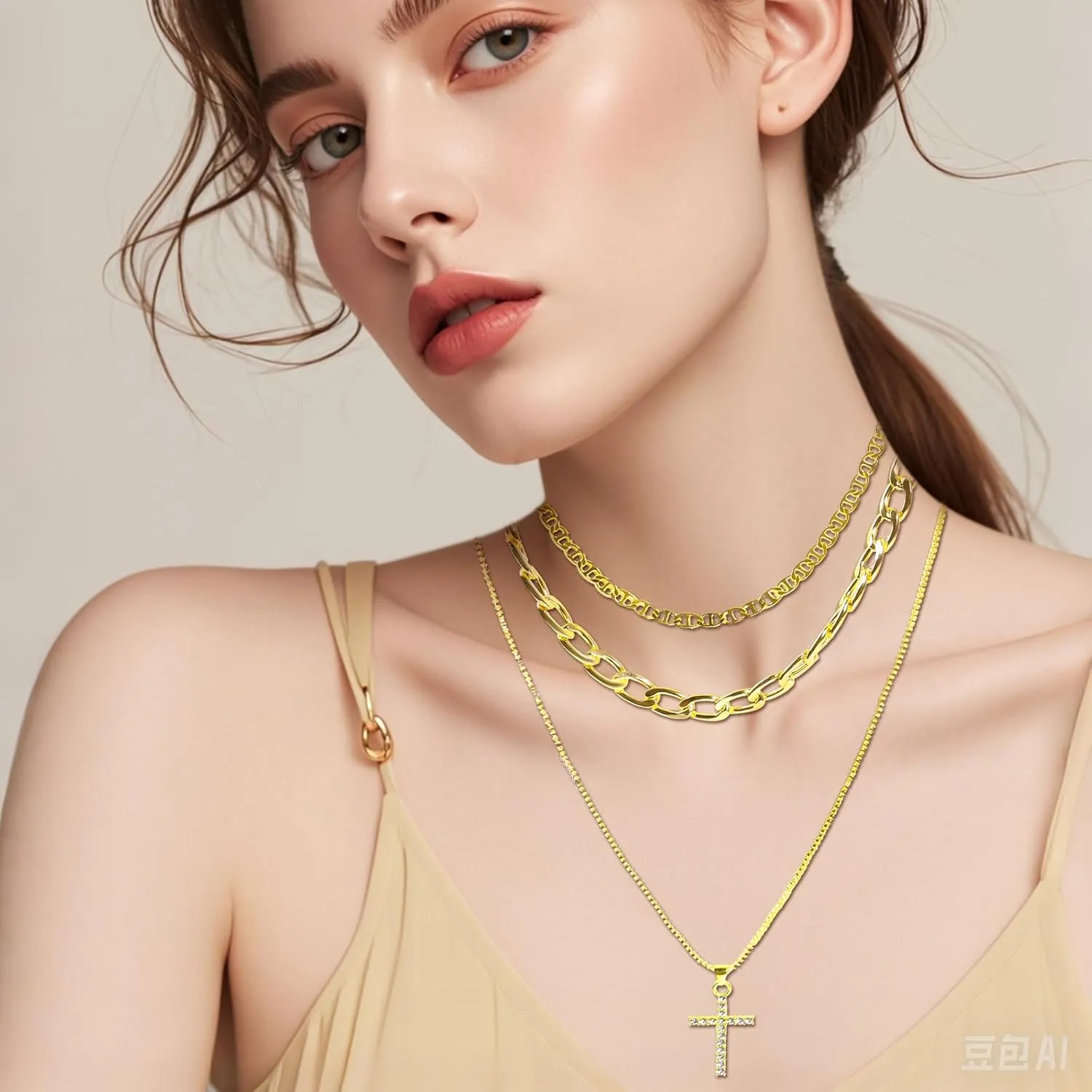 FOTN Gold Layered Necklaces for Women, 14K Dainty Gold Chain Necklace Women Trendy Cuban Link Chain Toggle Clasp Necklace Fashion Chunky Jewelry for Women