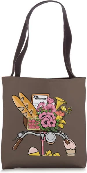French Girl on a Bike with Baguette,Fruits,Coffee & Flowers Tote Bag