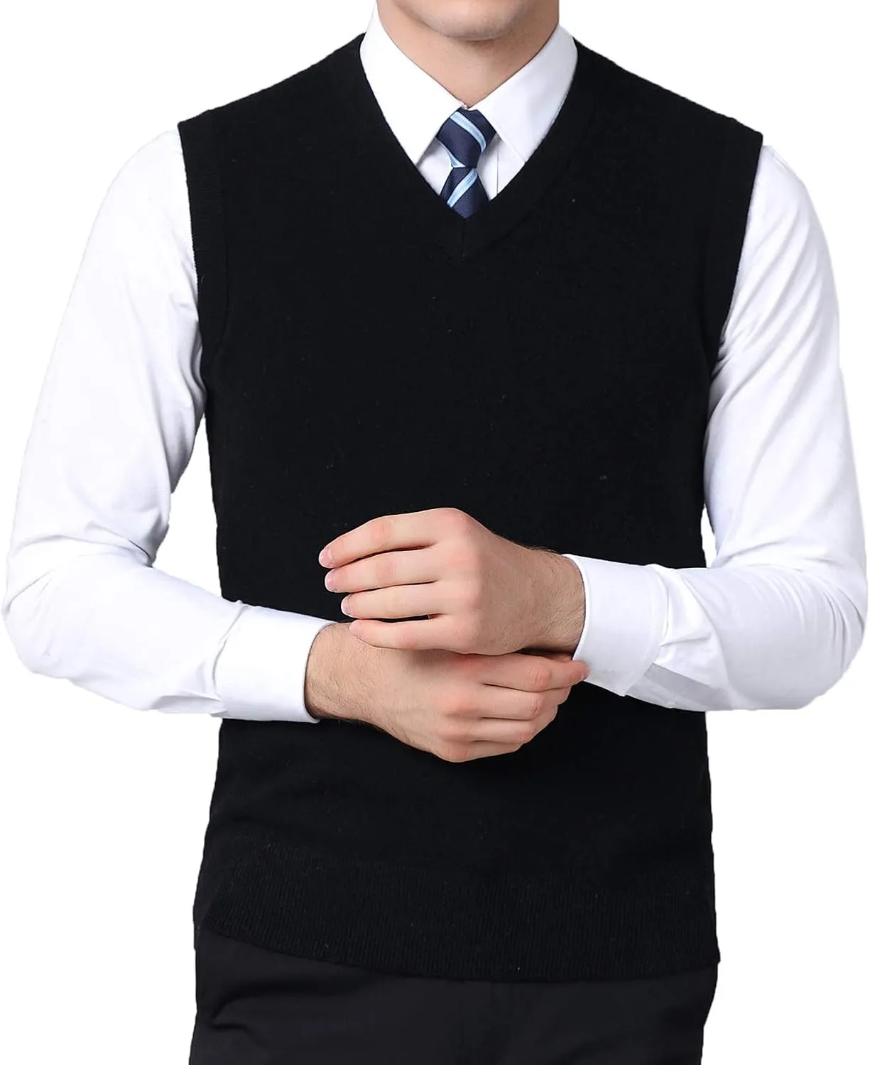 FULIER Men's Cashmere Wool V-Neck Sleeveless Vest Classic Pullover Knitted Waistcoat Sweater Cardigans Tank Tops