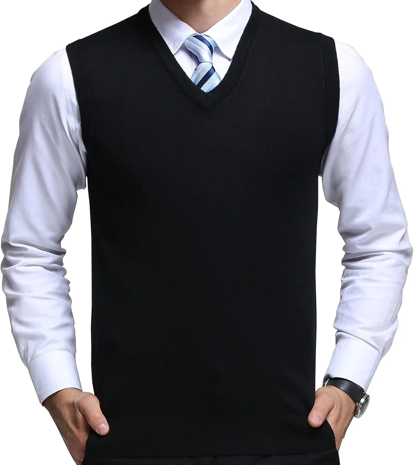 FULIER Men's Cashmere Wool V-Neck Sleeveless Vest Classic Pullover Knitted Waistcoat Sweater Cardigans Tank Tops
