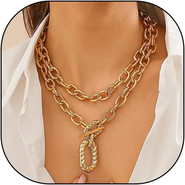 GIGB PBDK Chunky Gold Layered Necklaces Set for Women,Minimalist Geometry Pendant Stackable Paperclip Chain Toggle Necklace,Trendy Punk Statement Jewelry Gifts