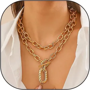 GIGB PBDK Chunky Gold Layered Necklaces Set for Women,Minimalist Geometry Pendant Stackable Paperclip Chain Toggle Necklace,Trendy Punk Statement Jewelry Gifts
