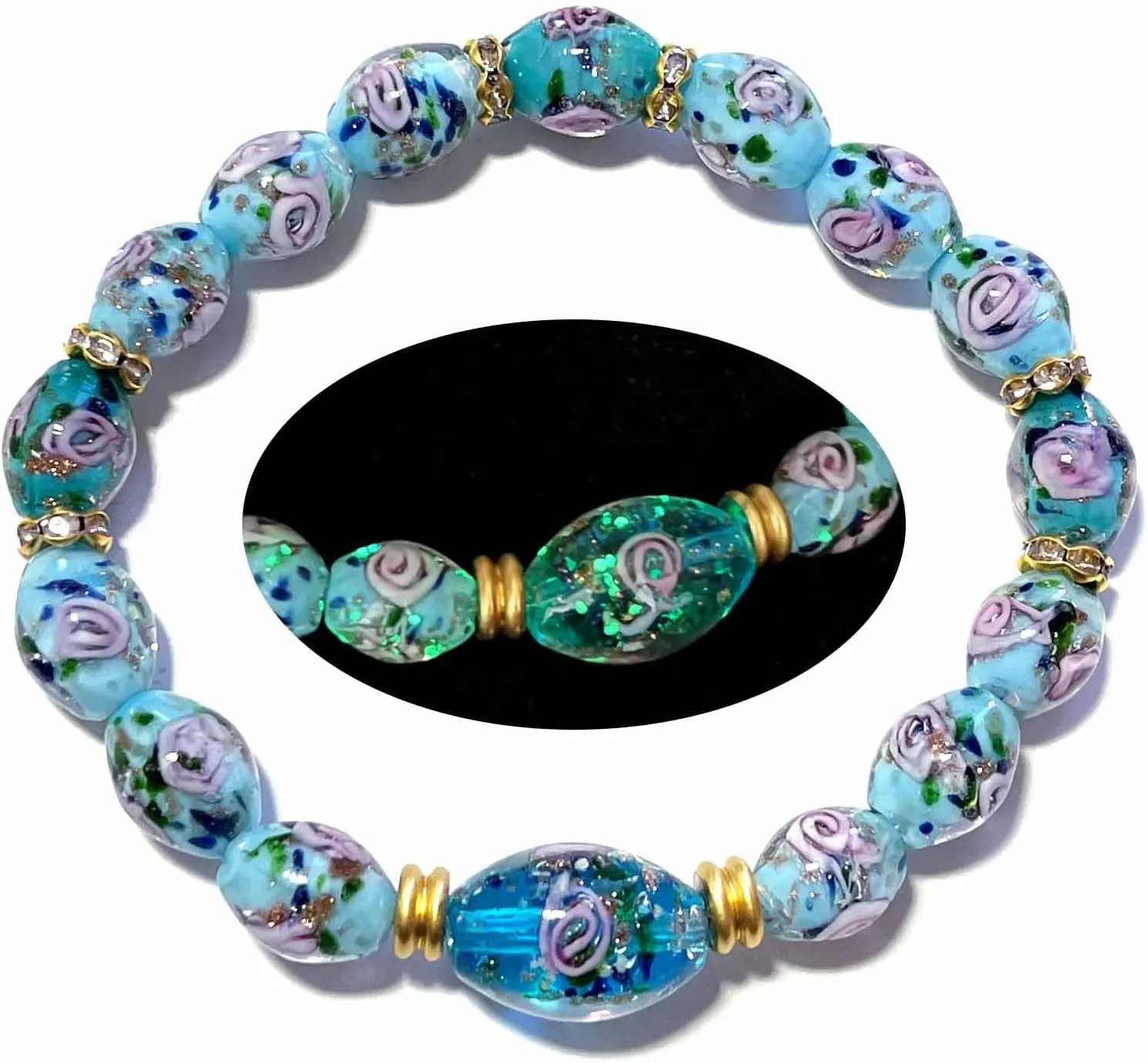 Glow in the Dark Firefly Bead Bracelets, Roses Murano Glass Jewelry for Women, Mermaid Luminous Crystals Trendy Bracelets Bangles Handmade in USA