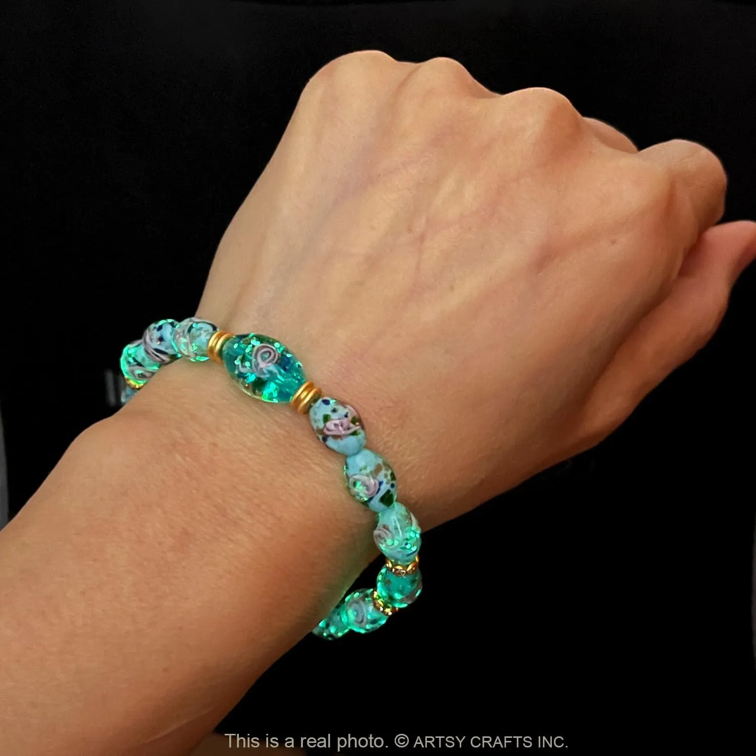 Glow in the Dark Firefly Bead Bracelets, Roses Murano Glass Jewelry for Women, Mermaid Luminous Crystals Trendy Bracelets Bangles Handmade in USA