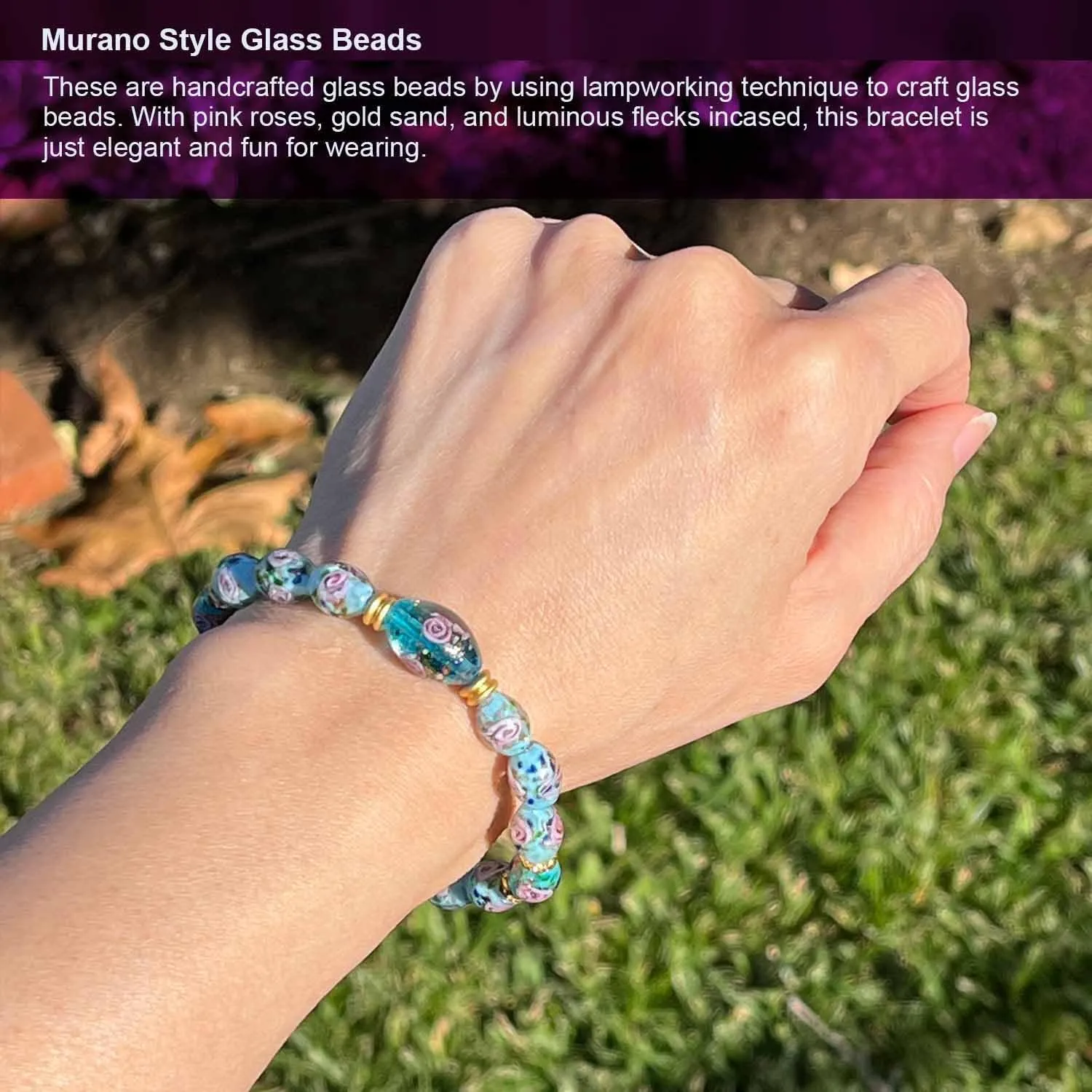Glow in the Dark Firefly Bead Bracelets, Roses Murano Glass Jewelry for Women, Mermaid Luminous Crystals Trendy Bracelets Bangles Handmade in USA