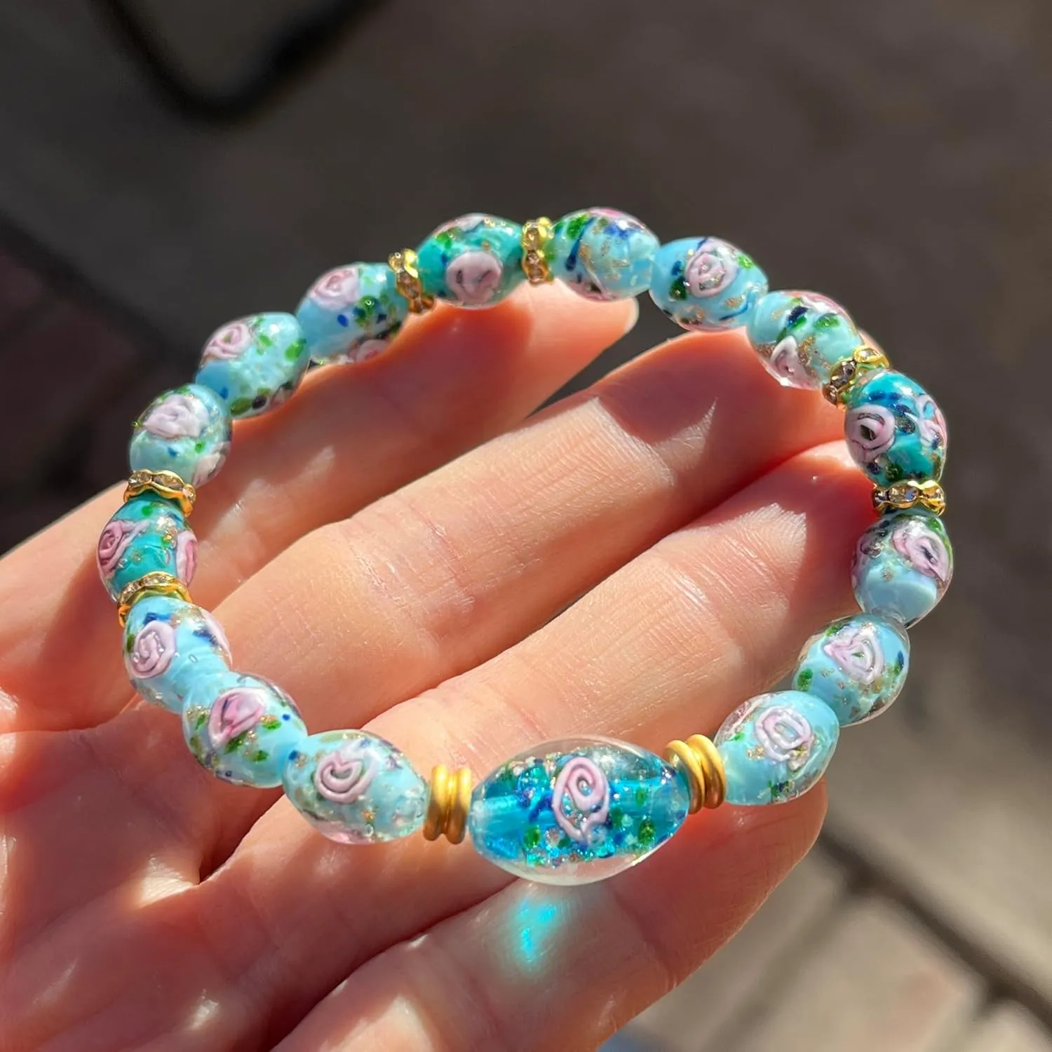 Glow in the Dark Firefly Bead Bracelets, Roses Murano Glass Jewelry for Women, Mermaid Luminous Crystals Trendy Bracelets Bangles Handmade in USA