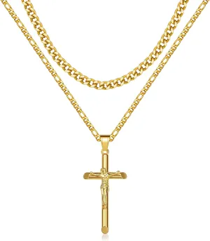 Gold Cross Necklace for Men Women Layered Cross Necklace Stainless Steel Cuban Link Chain Gold Jesus Cross Necklace for Women Girls Graduation Birthday Gifts for Mom Girlfriend