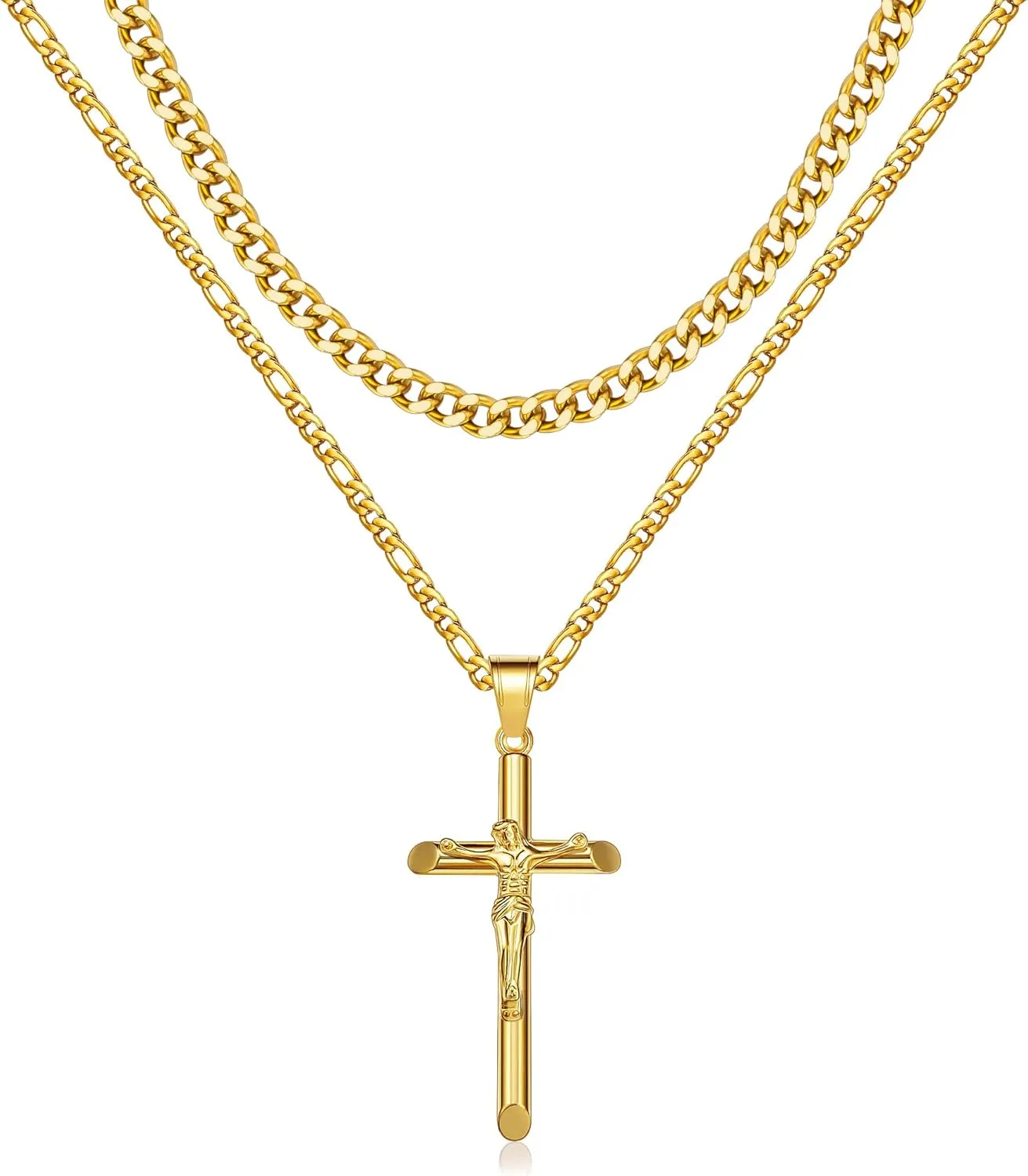 Gold Cross Necklace for Men Women Layered Cross Necklace Stainless Steel Cuban Link Chain Gold Jesus Cross Necklace for Women Girls Graduation Birthday Gifts for Mom Girlfriend