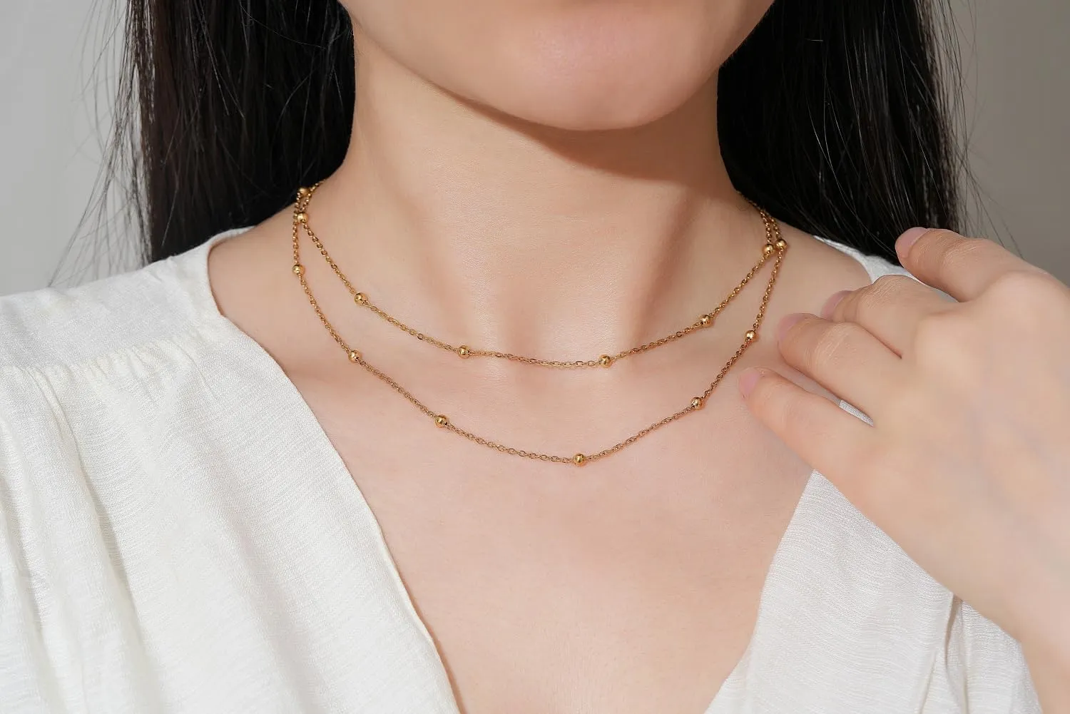 Gold Layered Necklaces for Women, Dainty Gold Choker Necklace,14K Gold Plated Herringbone Cable Link Chain Heart Pendant Necklace Set for Women, Surgical Steel Womens Chain