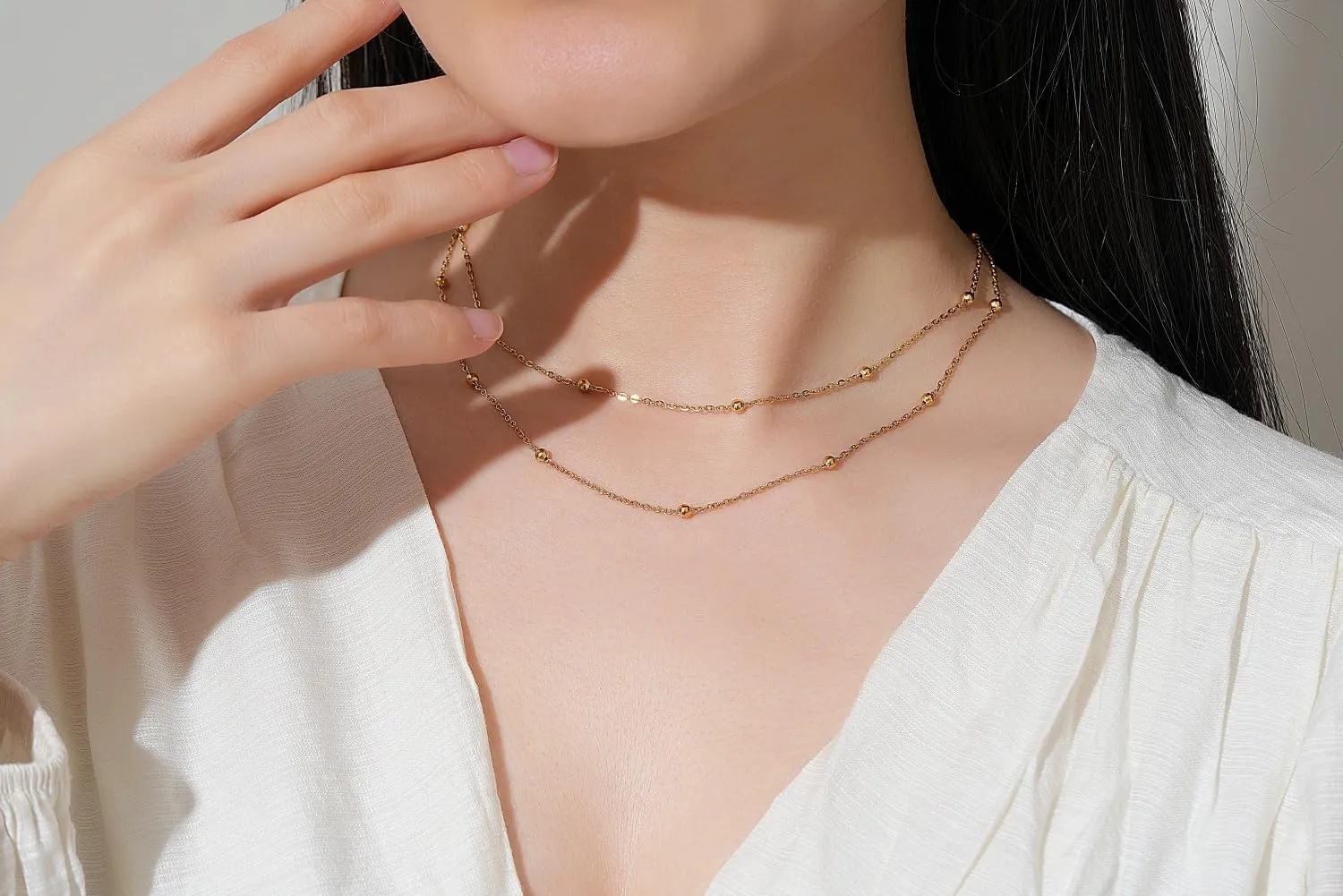 Gold Layered Necklaces for Women, Dainty Gold Choker Necklace,14K Gold Plated Herringbone Cable Link Chain Heart Pendant Necklace Set for Women, Surgical Steel Womens Chain