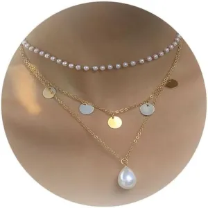 Gold Layered Necklaces for Women Dainty Pearl Pendant Necklace for Women Multilayer Baroque Pearl Necklace Boho Link Chain Necklace Jewelry Gifts