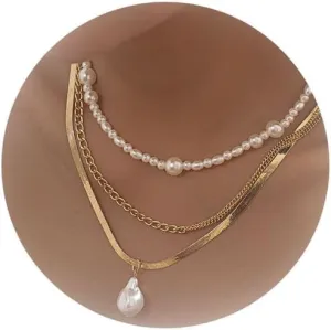 Gold Layered Necklaces for Women Dainty Pearl Pendant Necklace for Women Multilayer Baroque Pearl Necklace Boho Link Chain Necklace Jewelry Gifts
