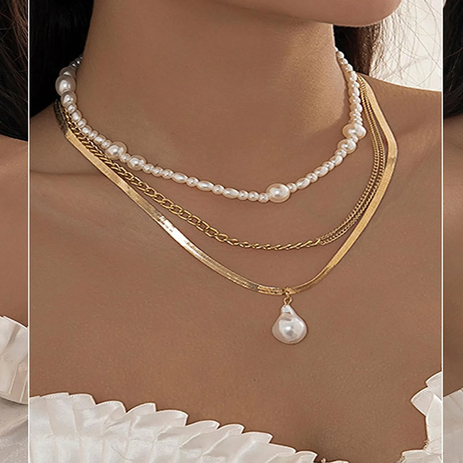 Gold Layered Necklaces for Women Dainty Pearl Pendant Necklace for Women Multilayer Baroque Pearl Necklace Boho Link Chain Necklace Jewelry Gifts
