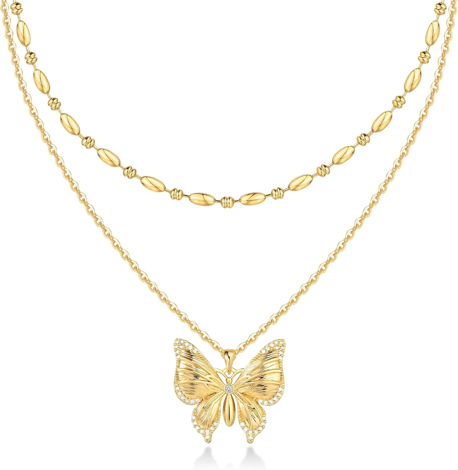 Gold Layered Necklaces Set For Women | 14K Gold Plated Handmade Cuban Link Figaro Cable Satellite Paperclip Chain Choker Necklace | CZ Heart Butterfly Square Cross Pendant Necklace Jewelry Gift Sets