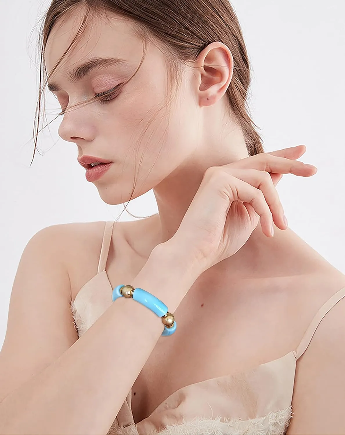 Gold Plated Beaded Acrylic Bamboo Tube Bangle Bracelets for Women, Colorful Chunky Curved Tube With Gold Pieces Beads Stretch Bracelet Friendship Summer Beach Jewelry