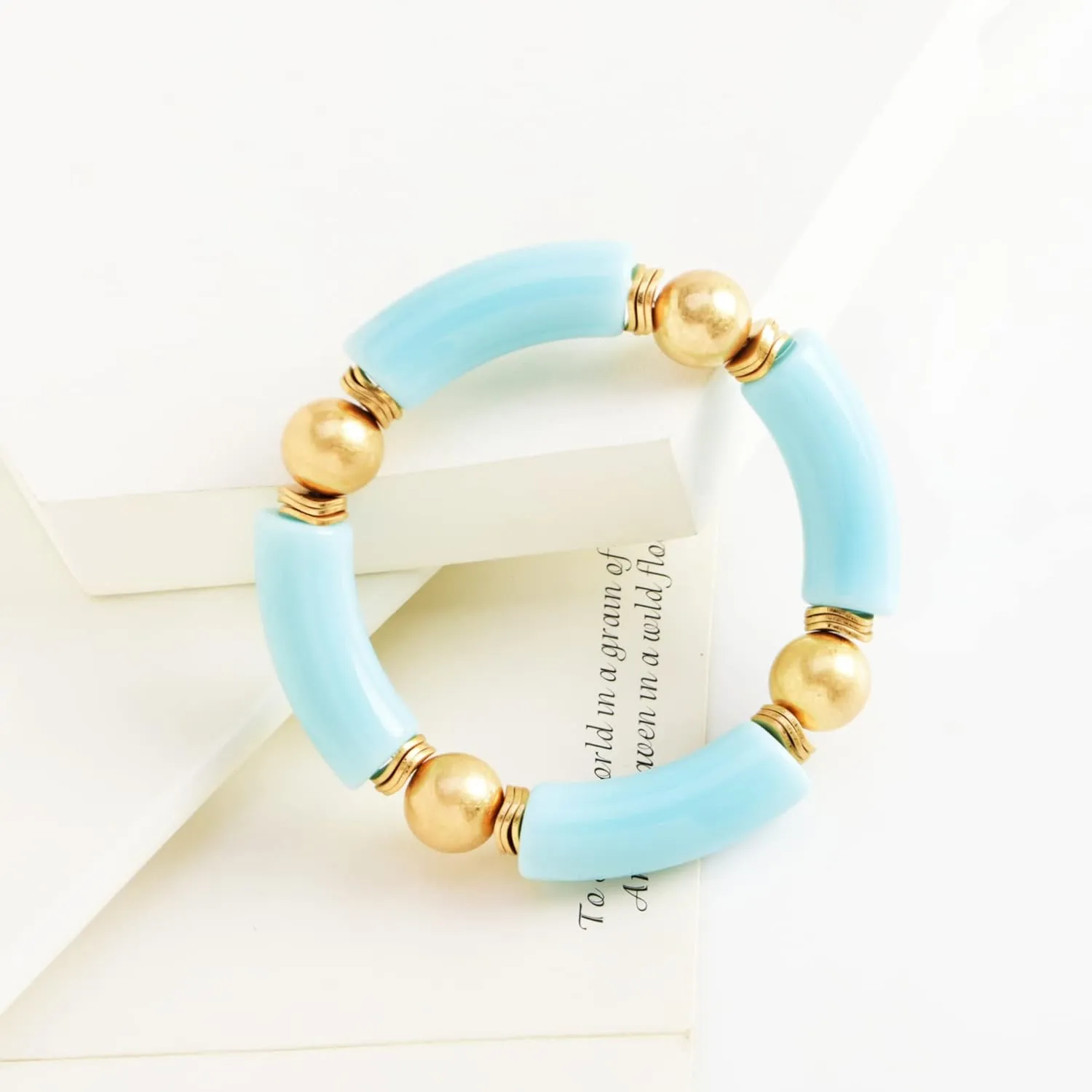 Gold Plated Beaded Acrylic Bamboo Tube Bangle Bracelets for Women, Colorful Chunky Curved Tube With Gold Pieces Beads Stretch Bracelet Friendship Summer Beach Jewelry
