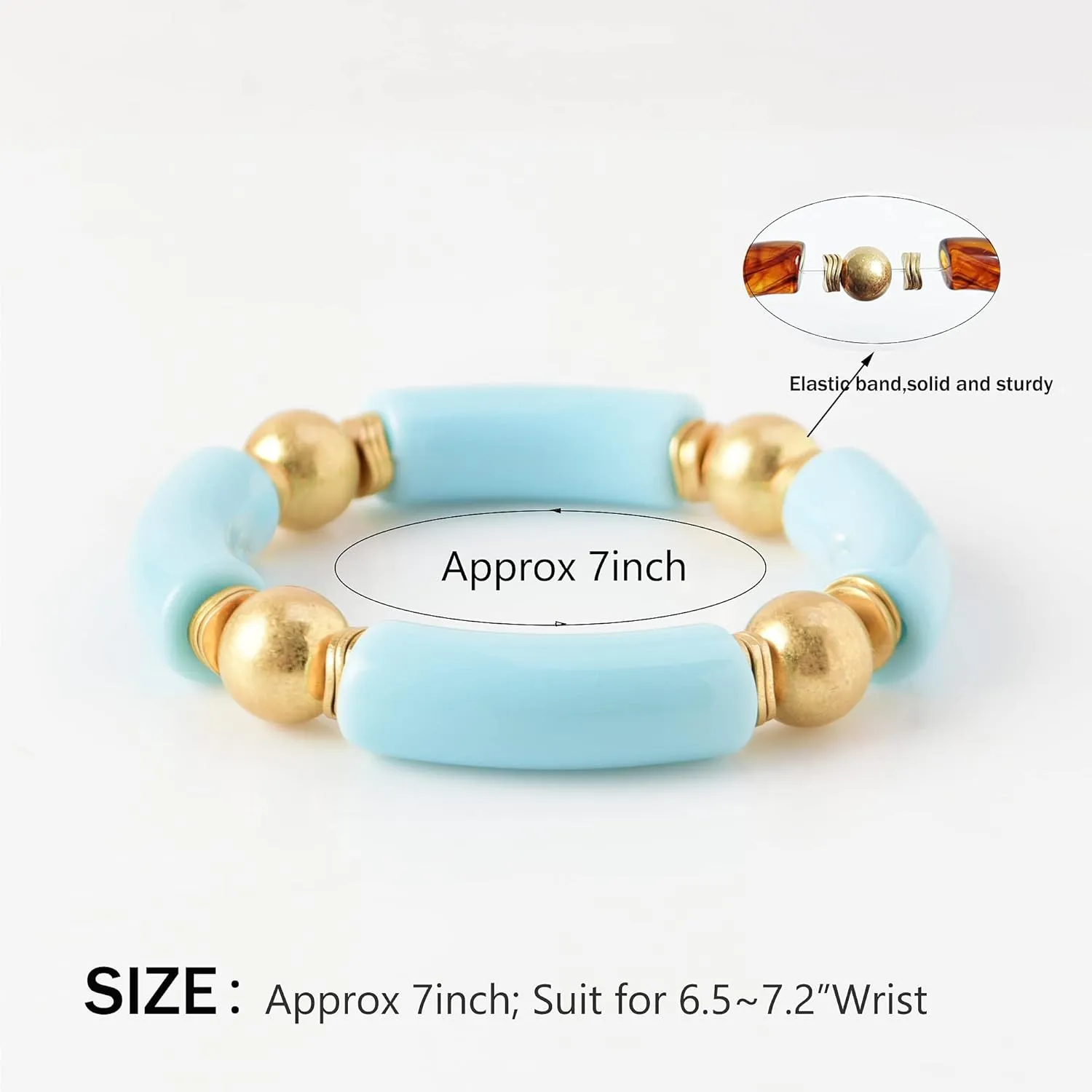 Gold Plated Beaded Acrylic Bamboo Tube Bangle Bracelets for Women, Colorful Chunky Curved Tube With Gold Pieces Beads Stretch Bracelet Friendship Summer Beach Jewelry