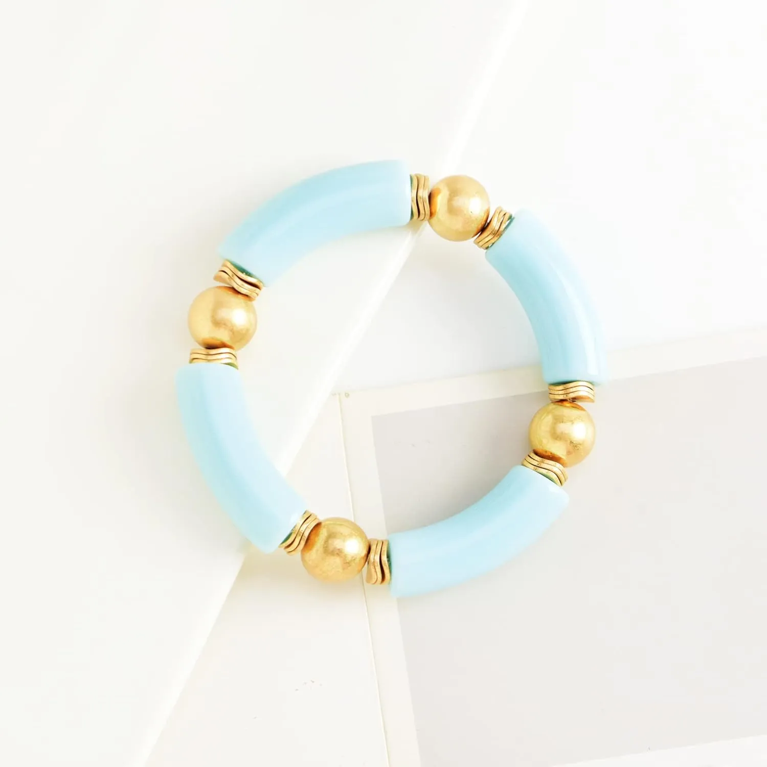 Gold Plated Beaded Acrylic Bamboo Tube Bangle Bracelets for Women, Colorful Chunky Curved Tube With Gold Pieces Beads Stretch Bracelet Friendship Summer Beach Jewelry