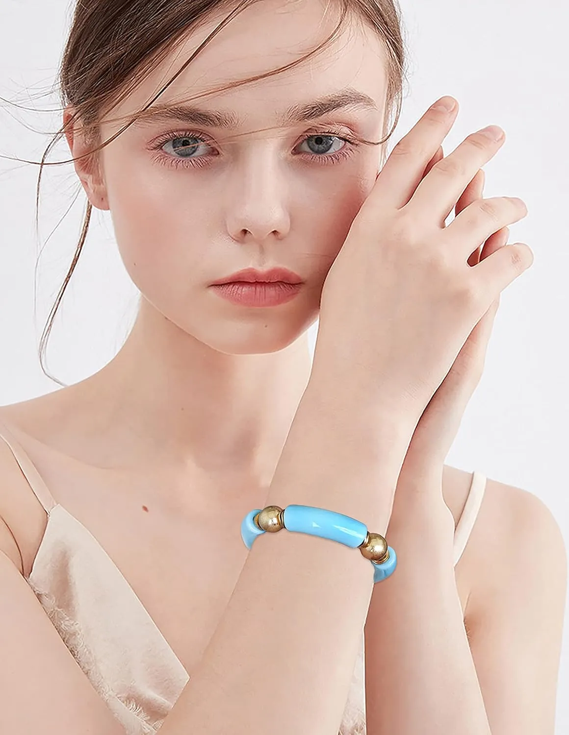 Gold Plated Beaded Acrylic Bamboo Tube Bangle Bracelets for Women, Colorful Chunky Curved Tube With Gold Pieces Beads Stretch Bracelet Friendship Summer Beach Jewelry