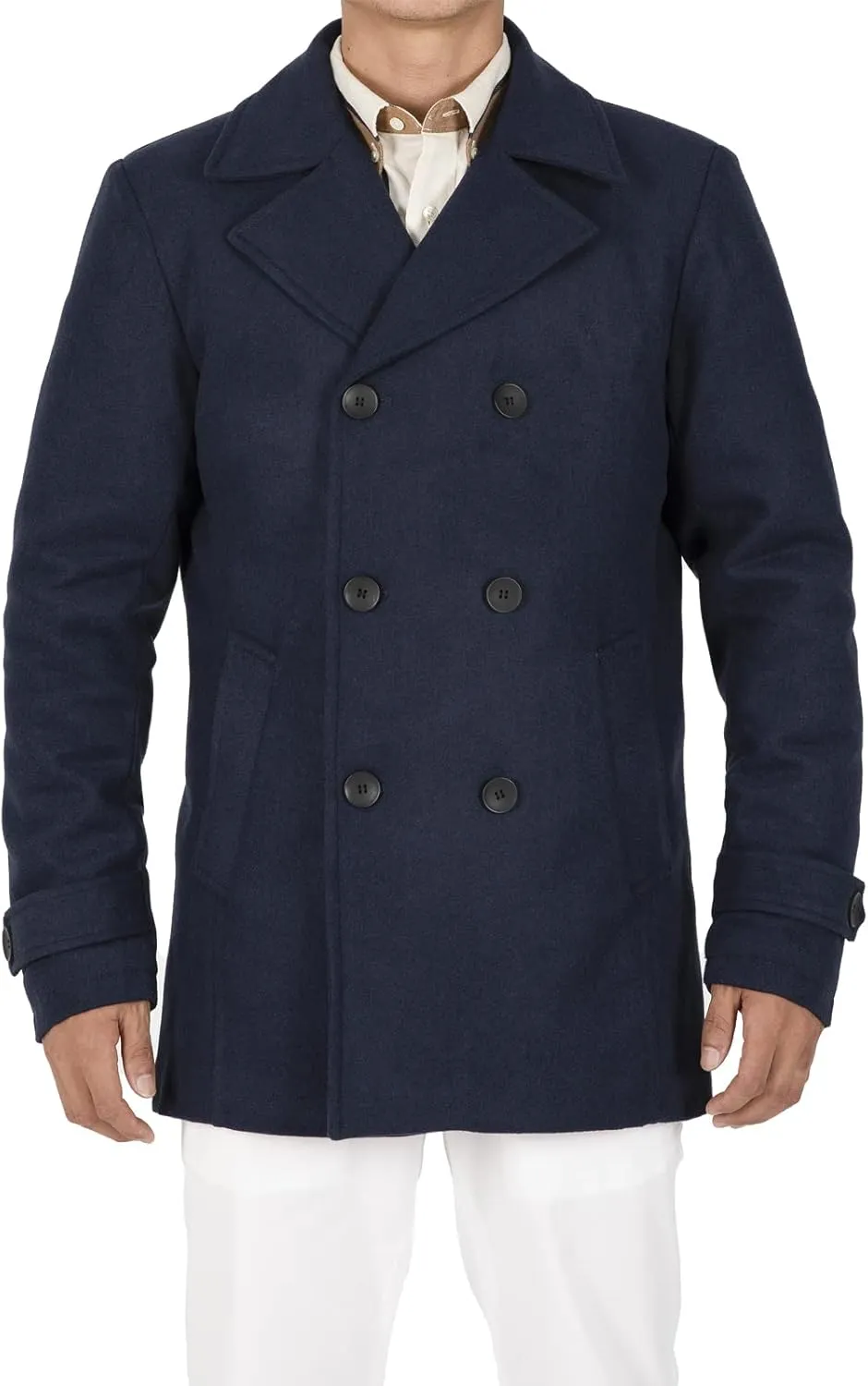 Hacikis Mens Double Breasted Wool Blend Pea Coat Quilted Lined Notched Collar Trench Coats