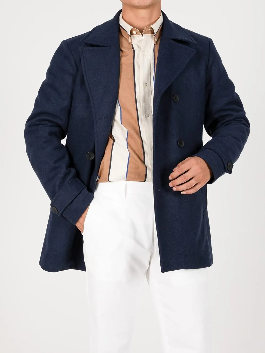 Hacikis Mens Double Breasted Wool Blend Pea Coat Quilted Lined Notched Collar Trench Coats