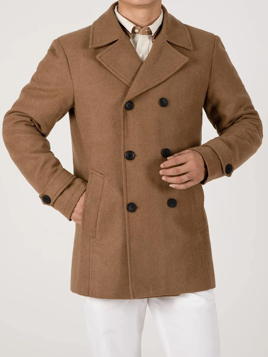 Hacikis Mens Double Breasted Wool Blend Pea Coat Quilted Lined Notched Collar Trench Coats