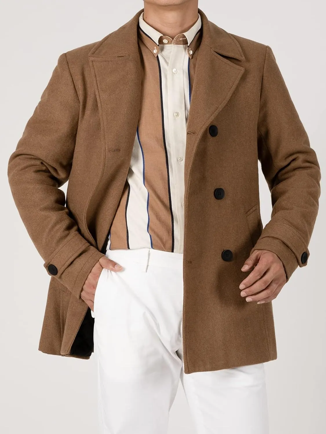 Hacikis Mens Double Breasted Wool Blend Pea Coat Quilted Lined Notched Collar Trench Coats