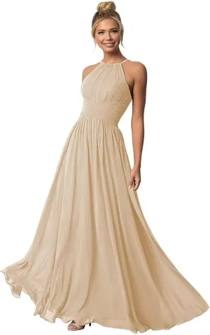Halter Bridesmaid Dresses Backless Chiffon Long Bridesmaid Dress Evening Dresses for Women Formal with Pockets