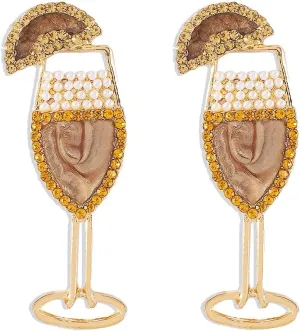 Handmade Champagne Martini Wine Glass Dangle Earrings Shiny Rhinestones Crystal Pearl Beaded Drop Earrings Charming Cocktail Glass Lovely Pencil Rugby Earrings for Women Girls