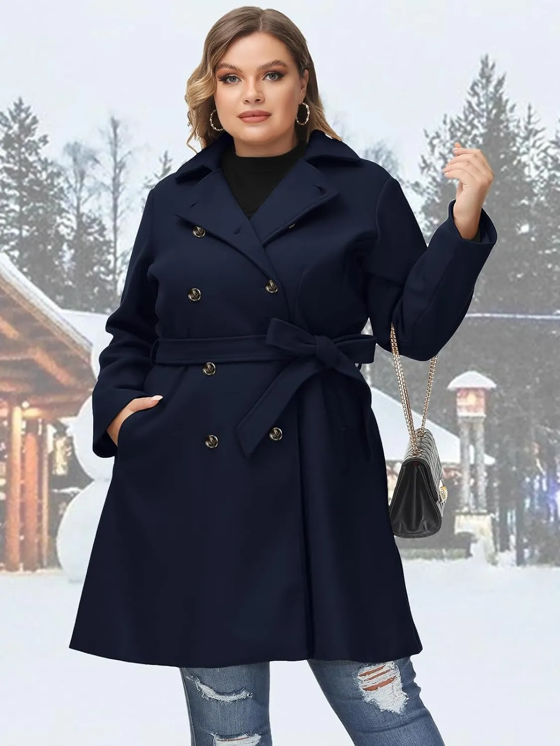 Hanna Nikole Women's Plus Size Wool Dress Coat with Belt Double Breasted Pea Coats Mid-Long Trench Coat