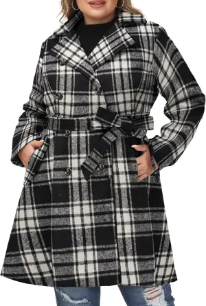 Hanna Nikole Women's Plus Size Wool Dress Coat with Belt Double Breasted Pea Coats Mid-Long Trench Coat