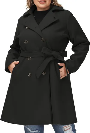 Hanna Nikole Women's Plus Size Wool Dress Coat with Belt Double Breasted Pea Coats Mid-Long Trench Coat