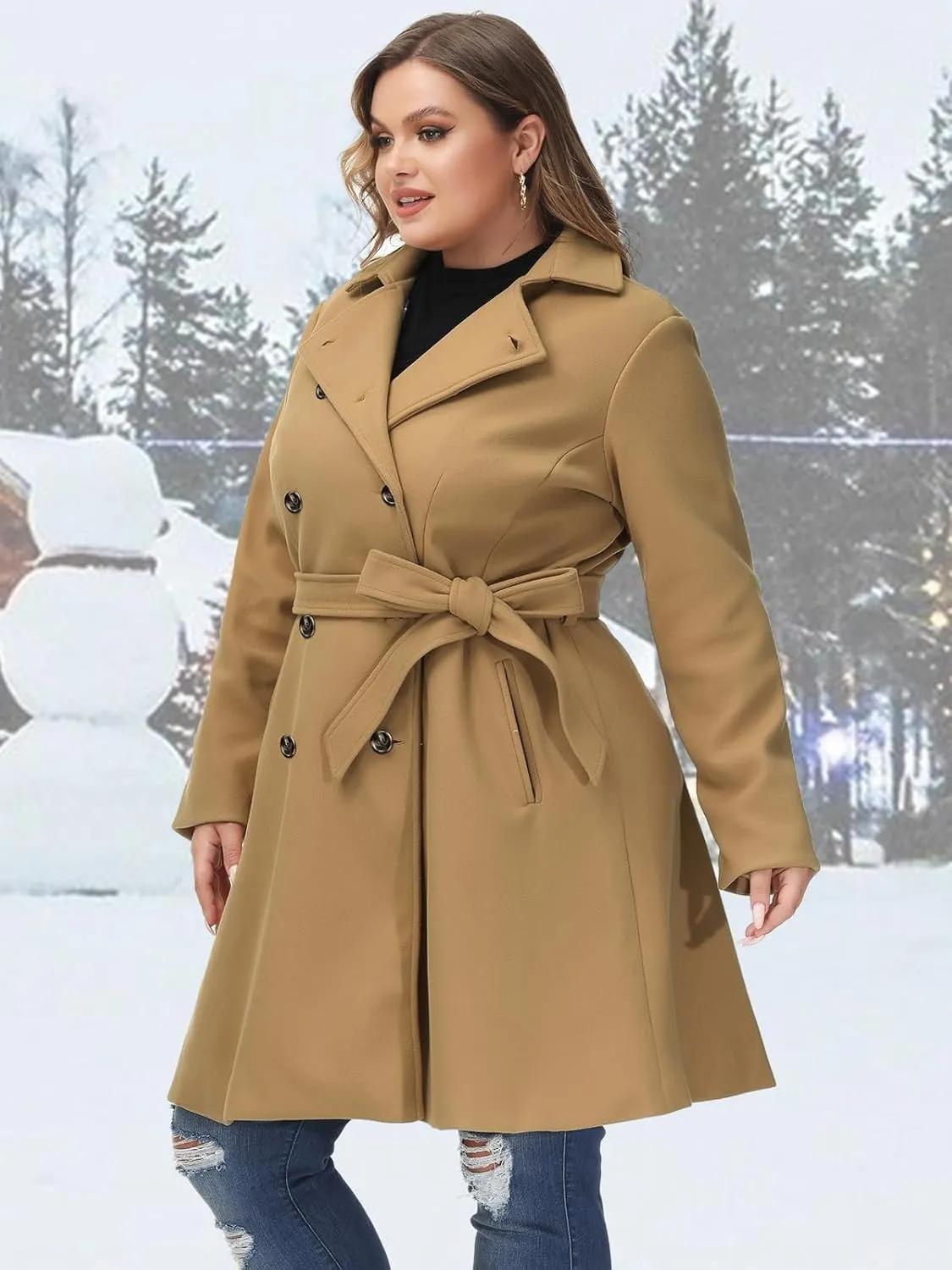 Hanna Nikole Women's Plus Size Wool Dress Coat with Belt Double Breasted Pea Coats Mid-Long Trench Coat