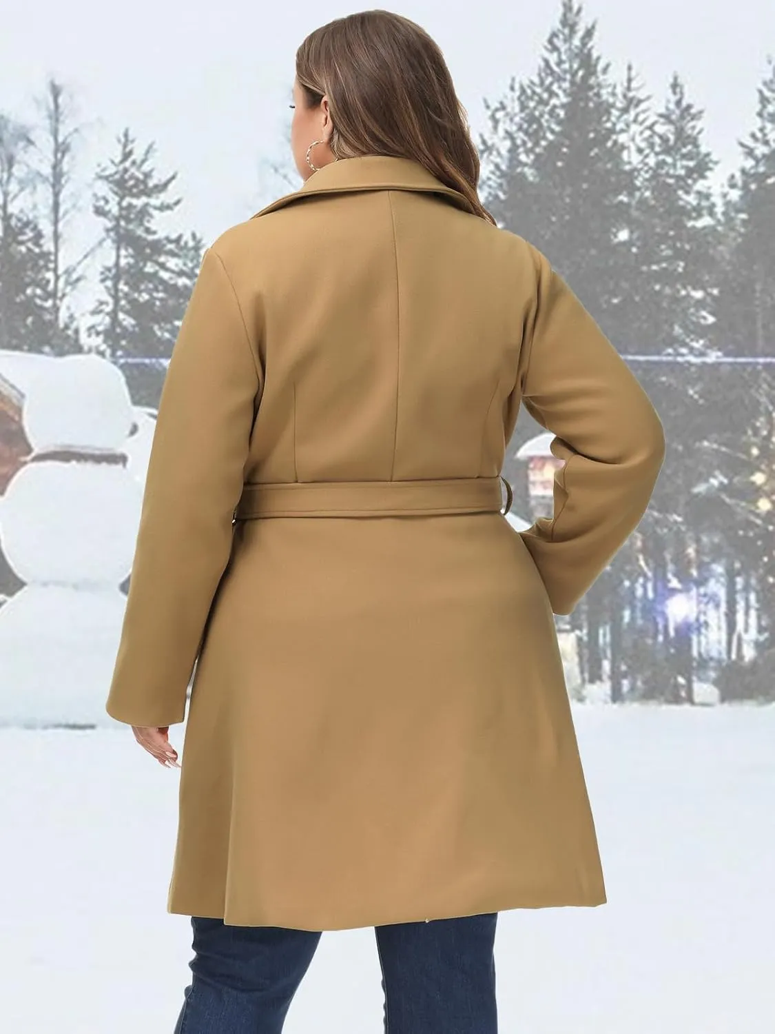 Hanna Nikole Women's Plus Size Wool Dress Coat with Belt Double Breasted Pea Coats Mid-Long Trench Coat