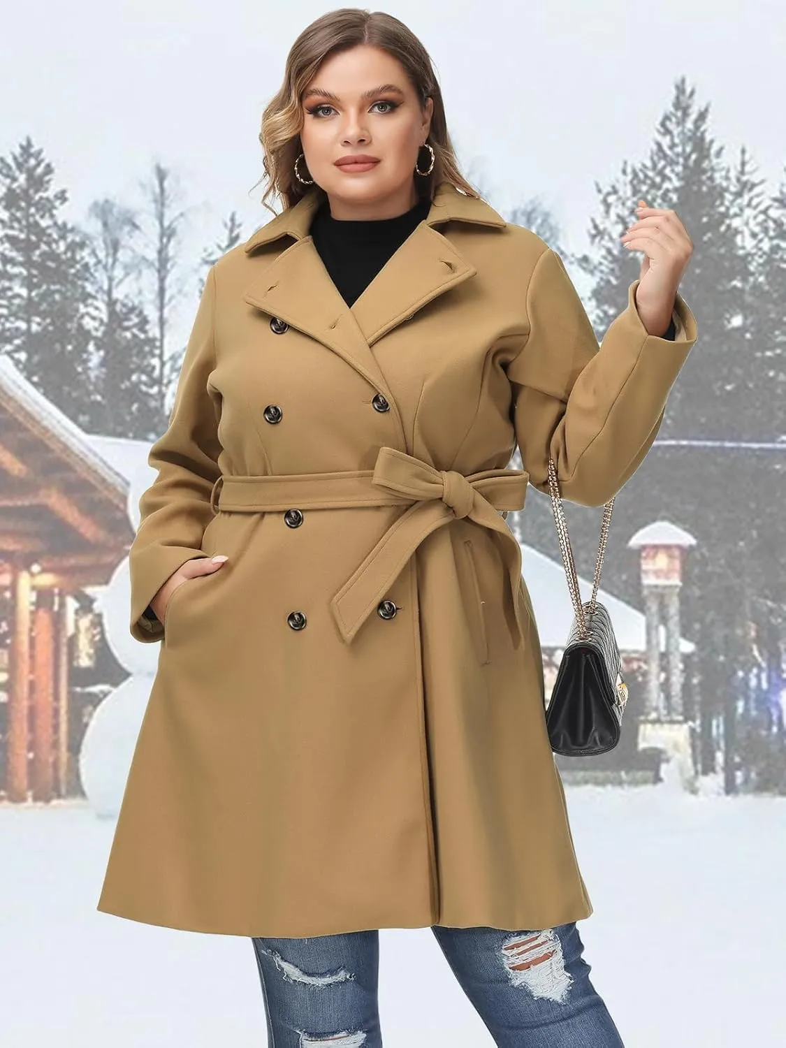 Hanna Nikole Women's Plus Size Wool Dress Coat with Belt Double Breasted Pea Coats Mid-Long Trench Coat