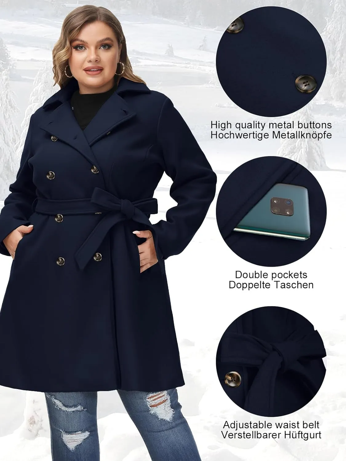 Hanna Nikole Women's Plus Size Wool Dress Coat with Belt Double Breasted Pea Coats Mid-Long Trench Coat
