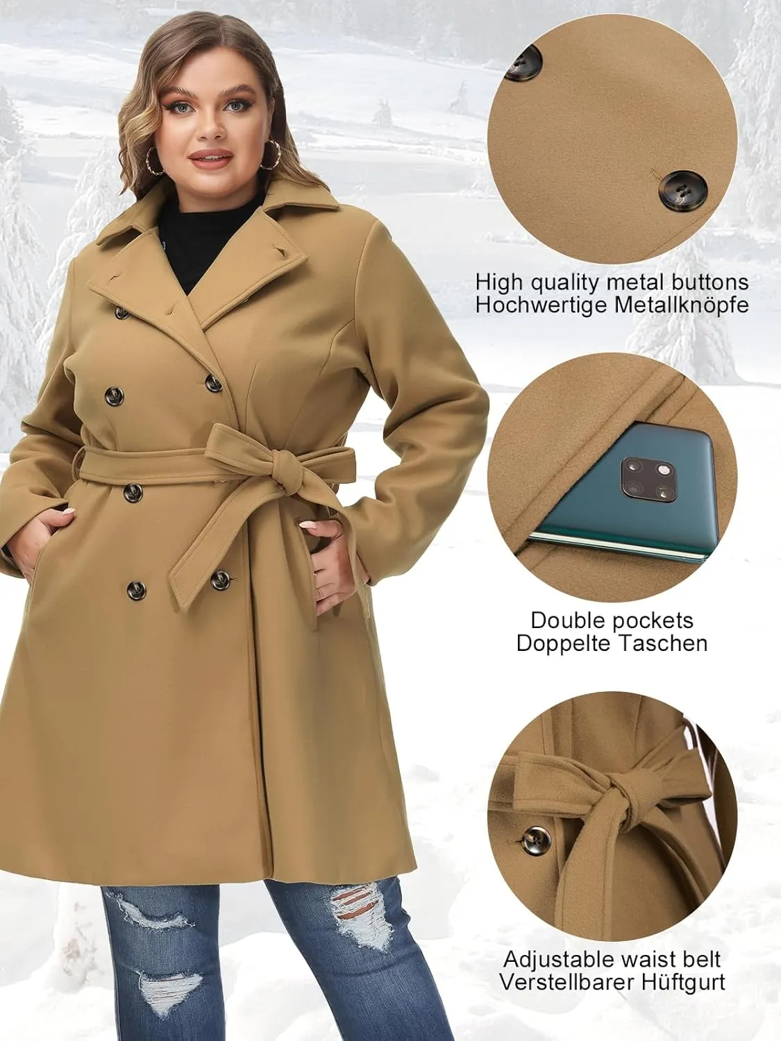 Hanna Nikole Women's Plus Size Wool Dress Coat with Belt Double Breasted Pea Coats Mid-Long Trench Coat