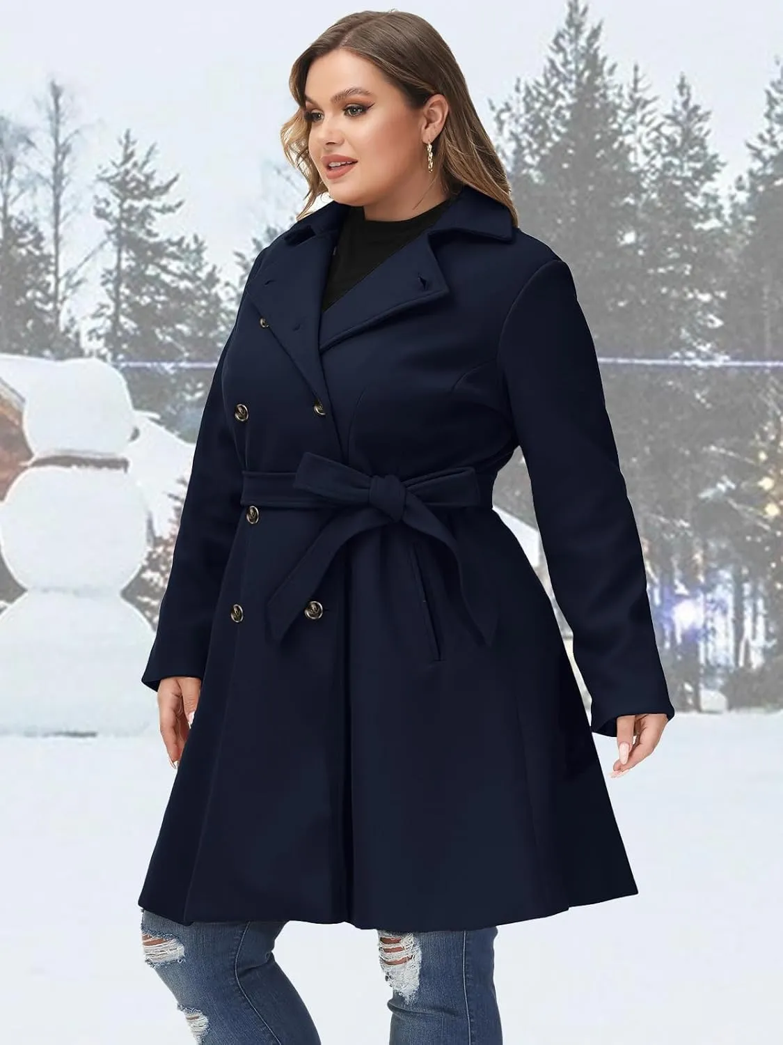 Hanna Nikole Women's Plus Size Wool Dress Coat with Belt Double Breasted Pea Coats Mid-Long Trench Coat