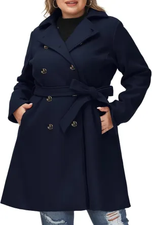 Hanna Nikole Women's Plus Size Wool Dress Coat with Belt Double Breasted Pea Coats Mid-Long Trench Coat