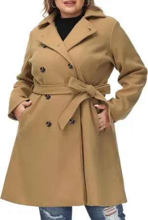 Hanna Nikole Women's Plus Size Wool Dress Coat with Belt Double Breasted Pea Coats Mid-Long Trench Coat