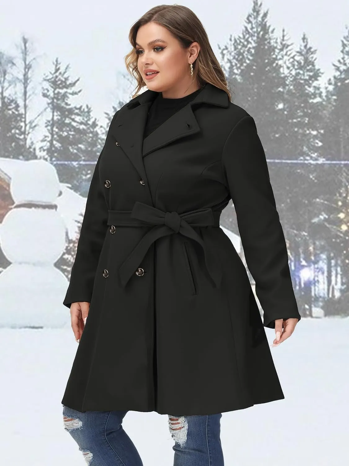 Hanna Nikole Women's Plus Size Wool Dress Coat with Belt Double Breasted Pea Coats Mid-Long Trench Coat