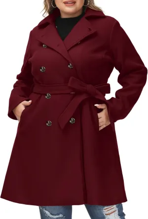 Hanna Nikole Women's Plus Size Wool Dress Coat with Belt Double Breasted Pea Coats Mid-Long Trench Coat