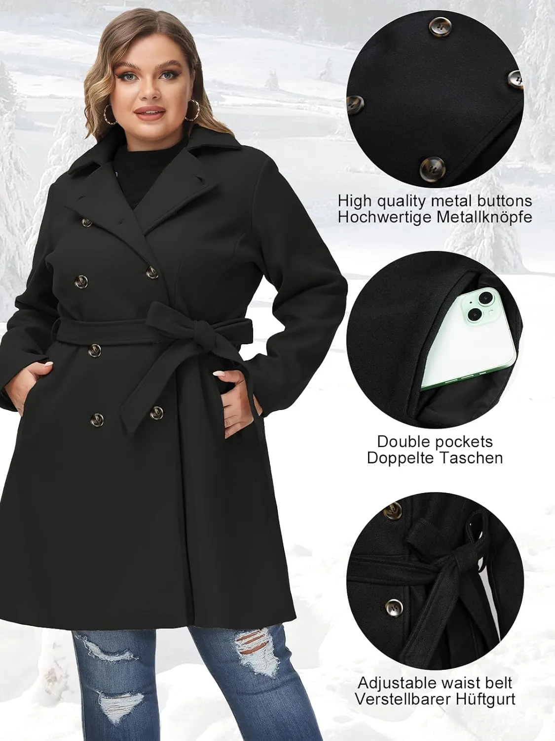 Hanna Nikole Women's Plus Size Wool Dress Coat with Belt Double Breasted Pea Coats Mid-Long Trench Coat