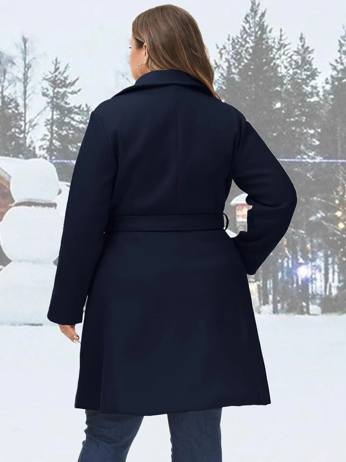 Hanna Nikole Women's Plus Size Wool Dress Coat with Belt Double Breasted Pea Coats Mid-Long Trench Coat